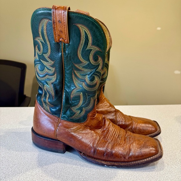 Justin 5505 Western Boot Cognac Smooth Ostrich Leather Square Toe Green 10 D - Picture 5 of 10